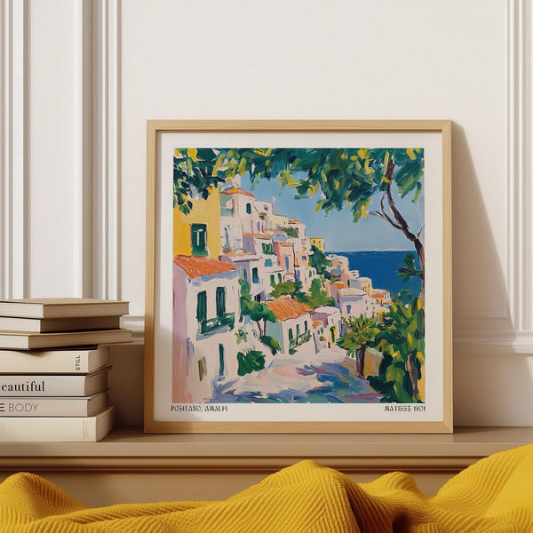Positano Art print of colorful hillside homes cascading toward the sea.