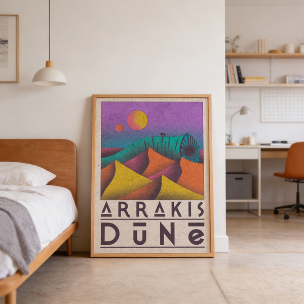 Geometric dunes wall art print with two suns and sweeping sandworm form in a retro poster layout
