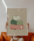 Cute Cat Art Print with stacked cats in Green and Pink for kids' room poster