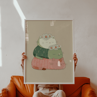 Cute Cat Art Print with stacked cats in Green and Pink for kids' room poster