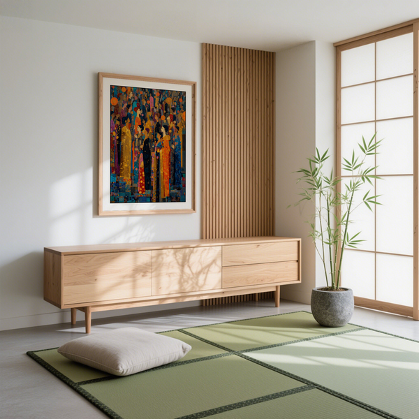 Framed-style mockup of festival crowd poster with repeated circular lantern shapes