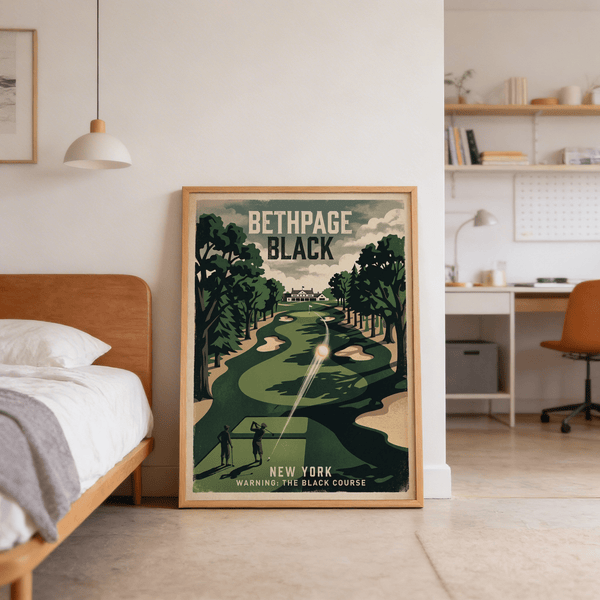 Bethpage Black Golf Print wall art featuring bold title text and tree silhouettes