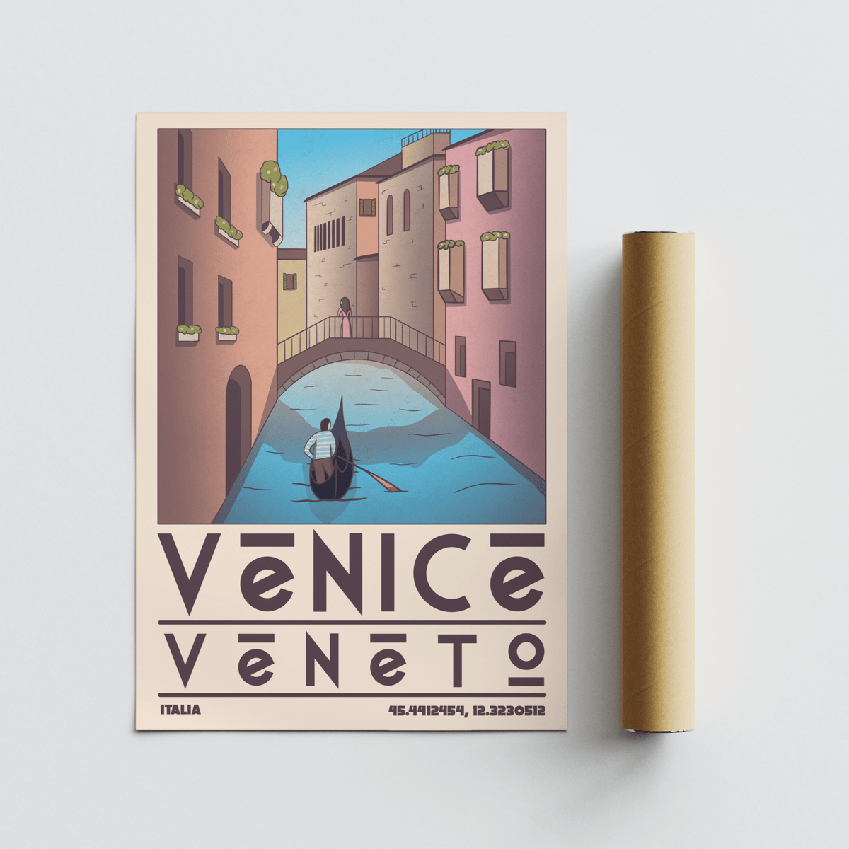 Stylized travel wall art featuring gondolier, canal water, and bridge in Pink, Blue, Beige tones