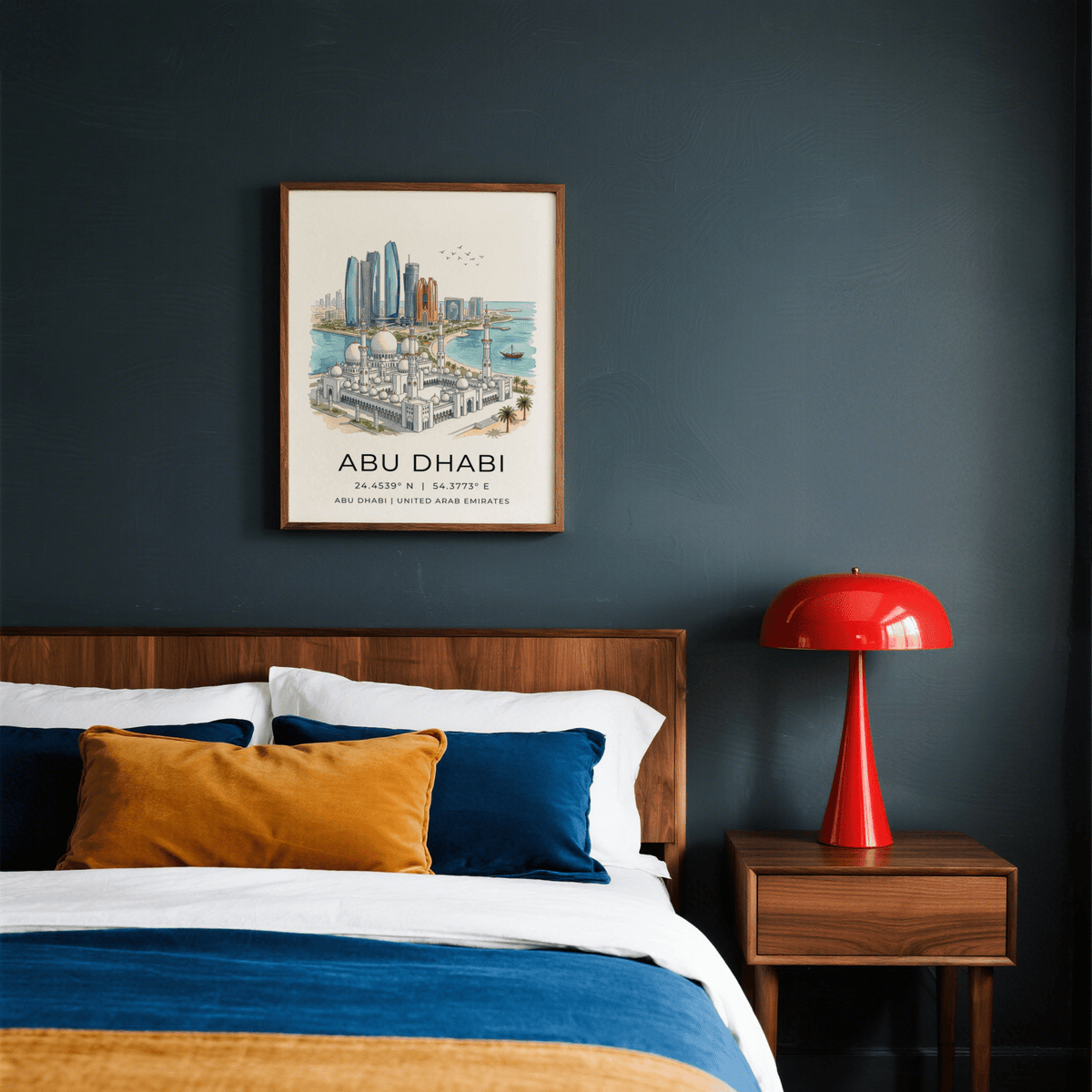 Abu Dhabi Art Print featuring detailed mosque foreground and waterfront view