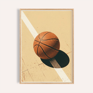 Basketball poster showing a single ball on a court with diagonal line and strong shadow