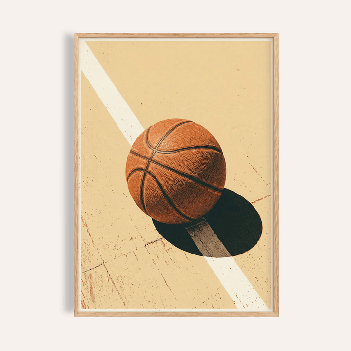 Basketball poster showing a single ball on a court with diagonal line and strong shadow