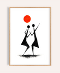 Minimalist dancing figures wall art poster with orange sun circle