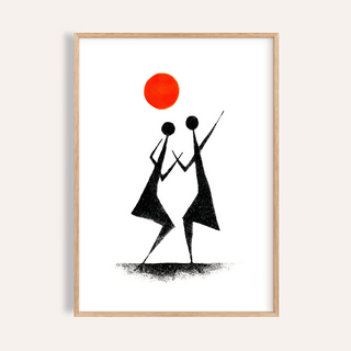 Minimalist dancing figures wall art poster with orange sun circle