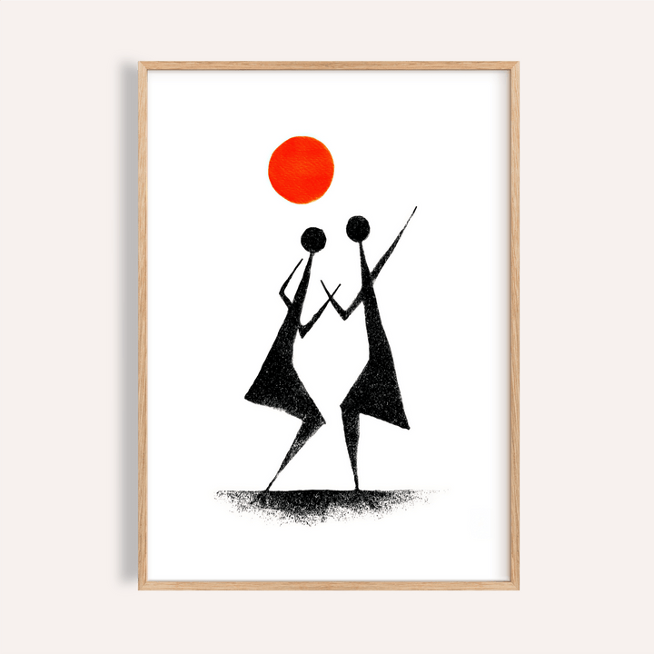 Minimalist dancing figures wall art poster with orange sun circle