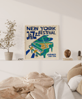 New York Jazz Festival Print in Green, Blue, Beige for stylish hallway wall art