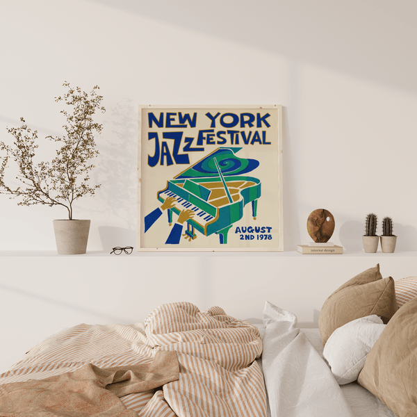 New York Jazz Festival Print in Green, Blue, Beige for stylish hallway wall art