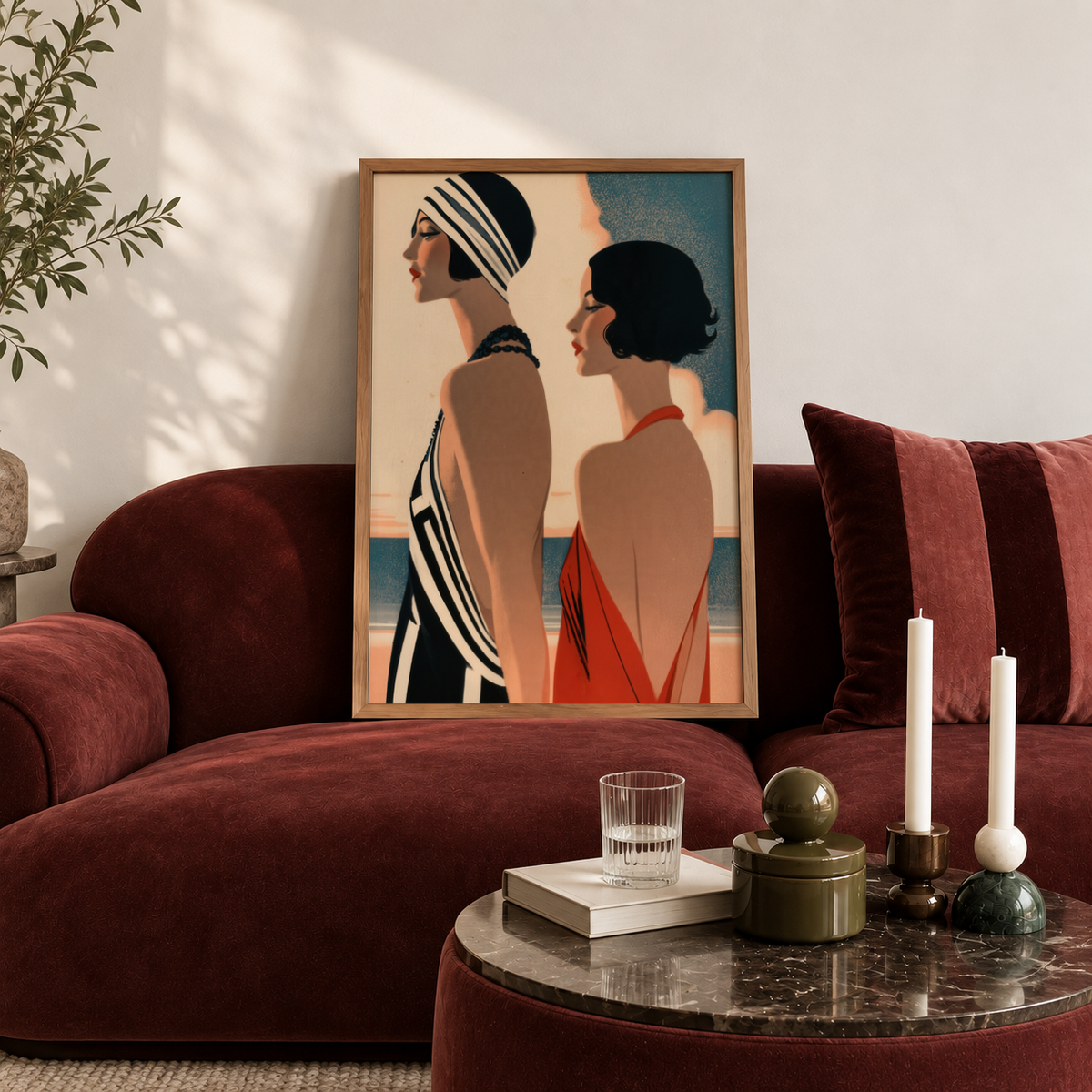 Detail of red dress straps and contour shading on a figure in a retro fashion poster print