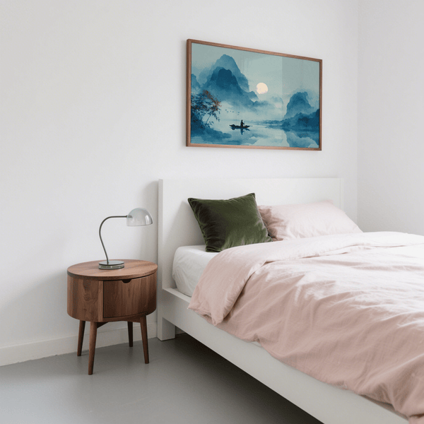 Serene Nature Poster with calming blue and beige colors for living room