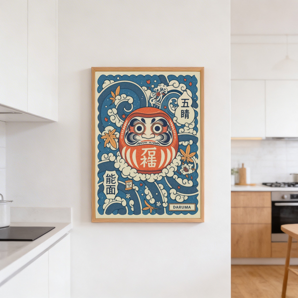 Vintage style daruma illustration framed by kanji characters