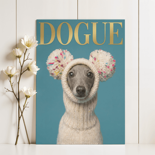 Fashion Dog Poster on blue with beige and gold, stylish touch for entryway wall art