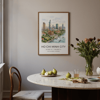 Architectural skyline wall art poster featuring Ho Chi Minh City and coordinate caption