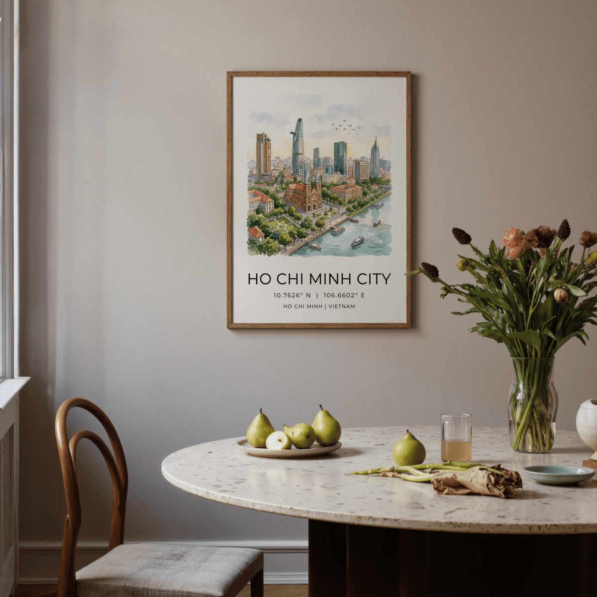 Architectural skyline wall art poster featuring Ho Chi Minh City and coordinate caption