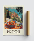 Rigatoni-focused pasta artwork with colorful buildings and a turquoise sea.