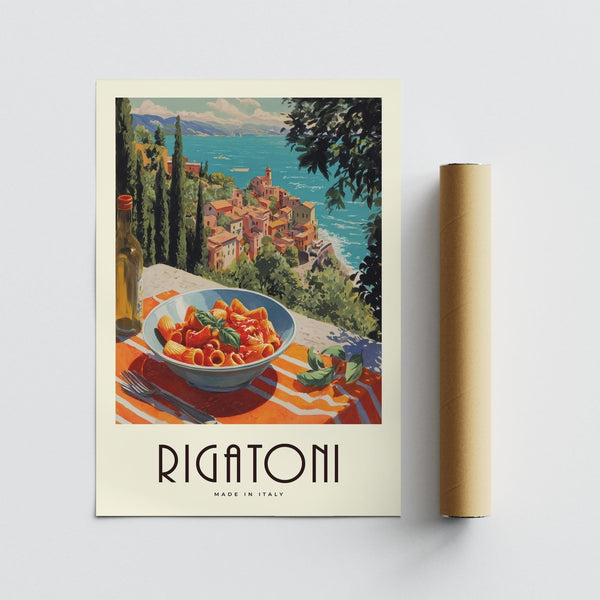 Rigatoni-focused pasta artwork with colorful buildings and a turquoise sea.