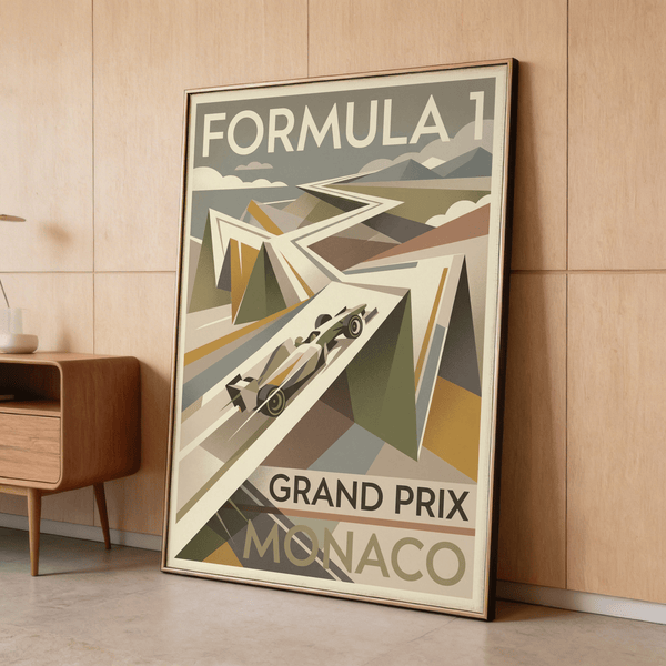 Monaco Race Poster showing F1 car racing along Riviera-inspired switchbacks