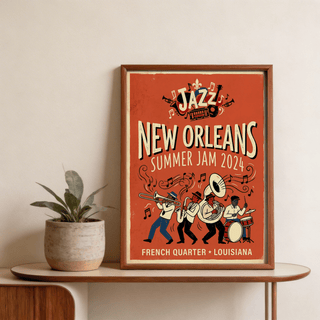 New Orleans Jazz Print featuring orange red blue beige color blocks