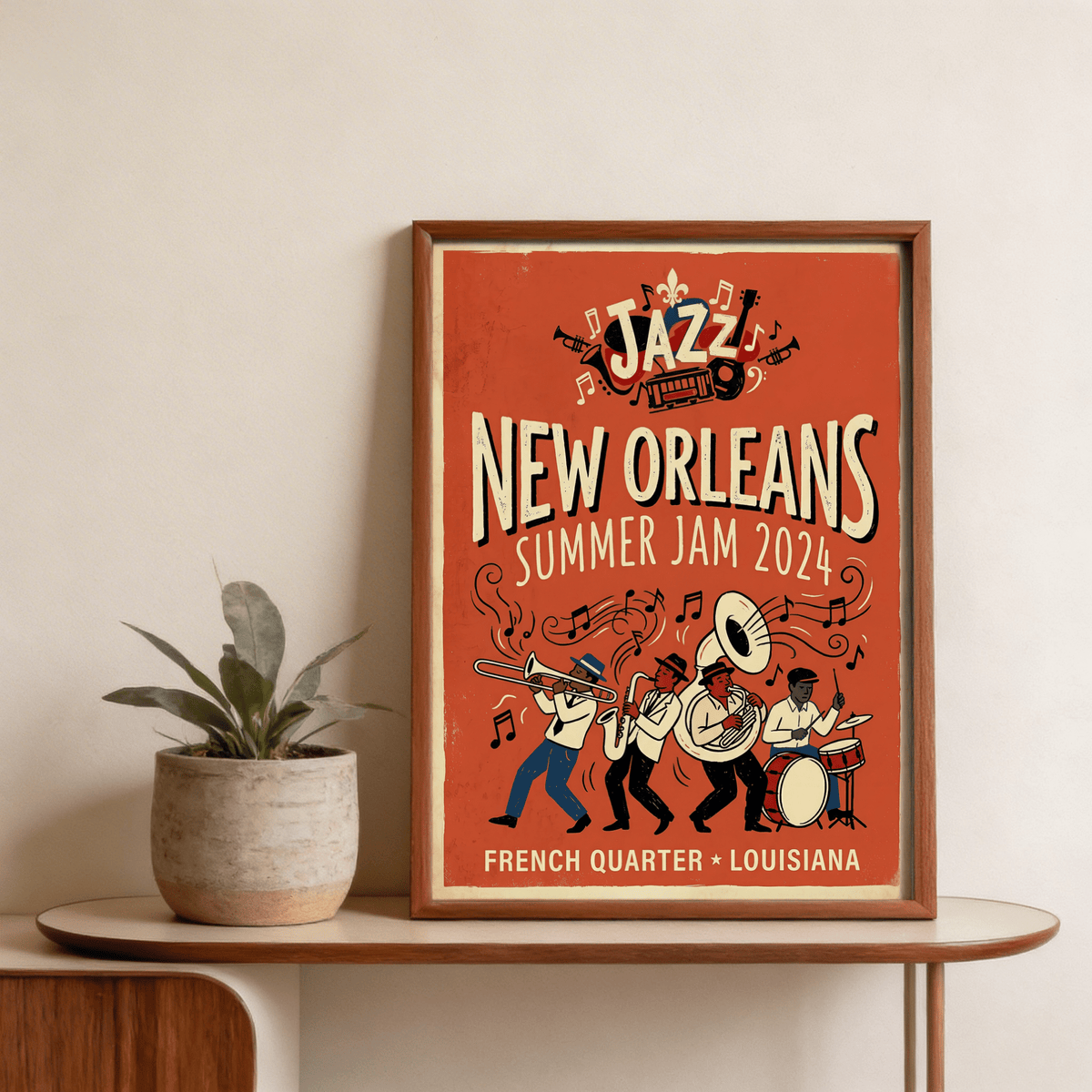 New Orleans Jazz Print featuring orange red blue beige color blocks
