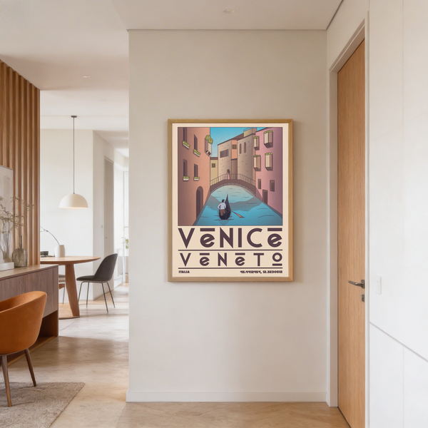 Graphic illustration poster of Venetian canal with gondola approaching bridge