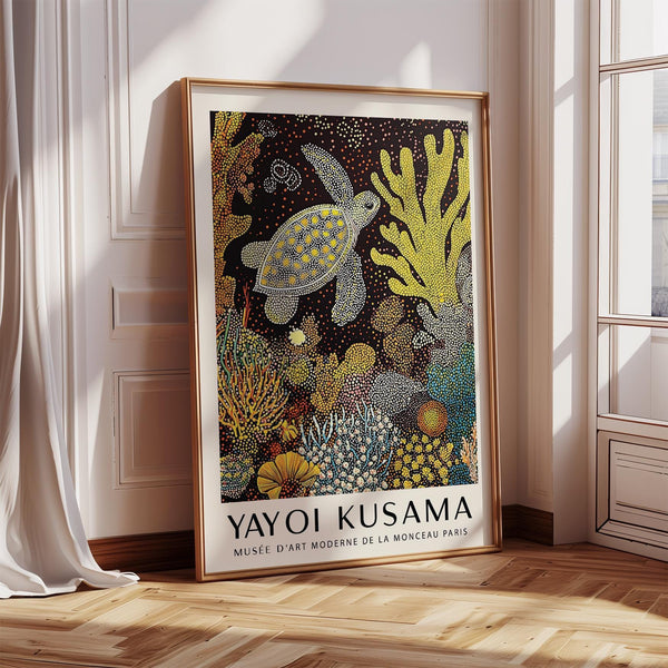 Sea turtle wall art with dotted shell and abstract coral reef background.