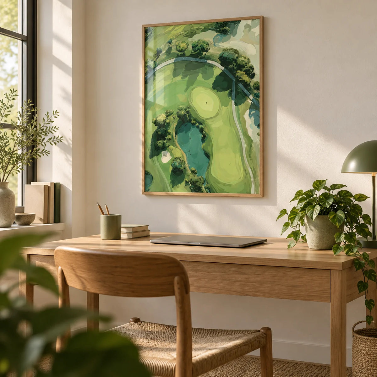 Aerial Golf Landscape Poster, framed on the wall of a calm home office