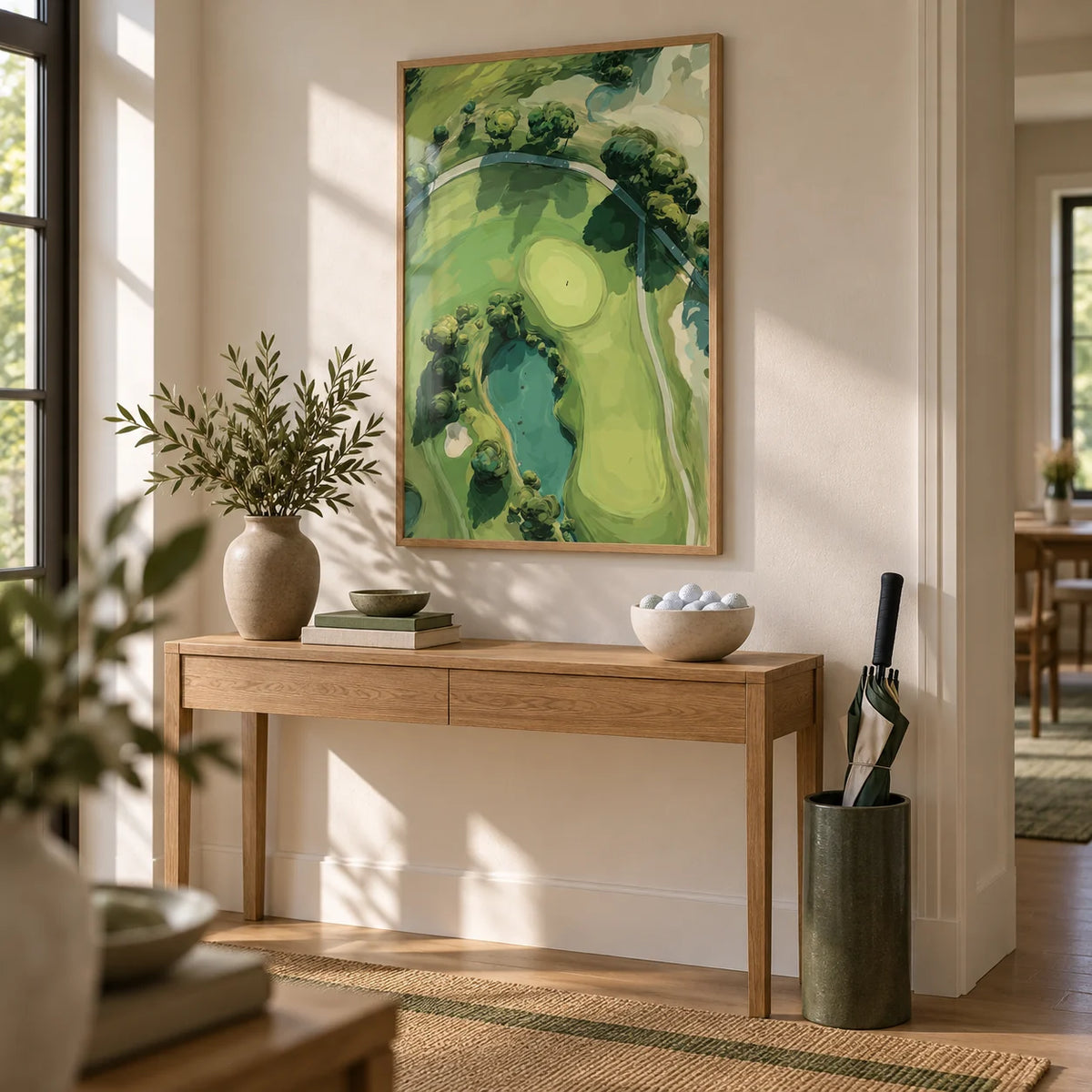 Aerial Golf Landscape Poster, framed on the wall of a hallway