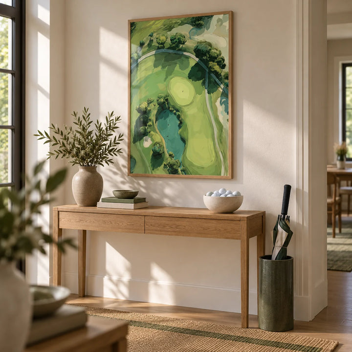 Aerial Golf Landscape Poster, framed on the wall of a hallway
