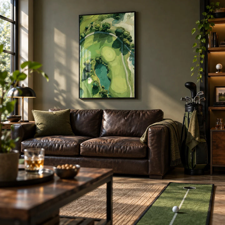 Aerial Golf Landscape Poster, framed on the wall of a stylish man cave in a living room