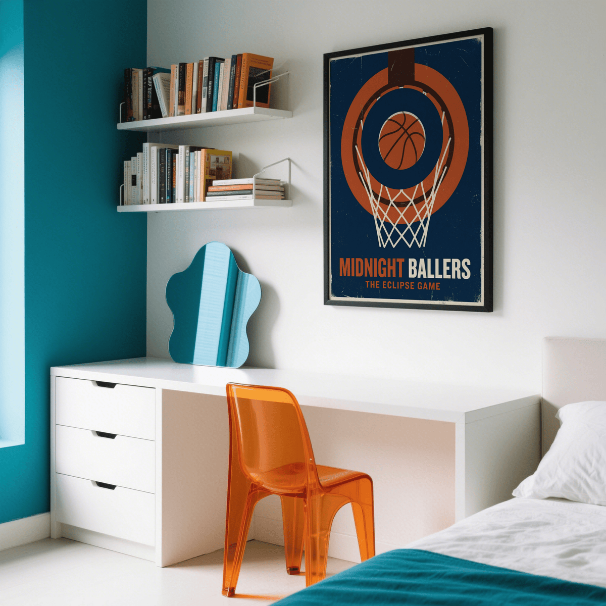 Distressed retro basketball poster showing rim, net, and centered ball with strong geometric layout