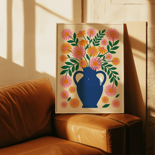 Vase Art Print with Beige background, Blue vase for kitchen wall art