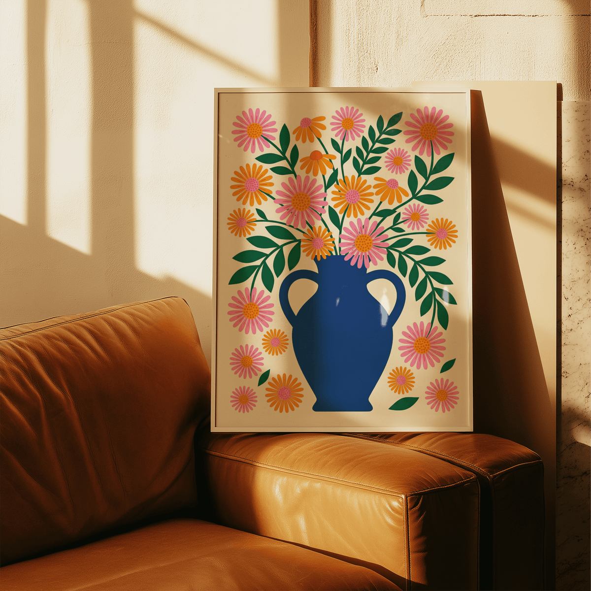 Vase Art Print with Beige background, Blue vase for kitchen wall art
