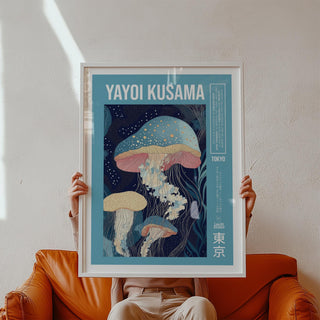 Unique art prints featuring dotted jellyfish in a dreamy underwater setting.