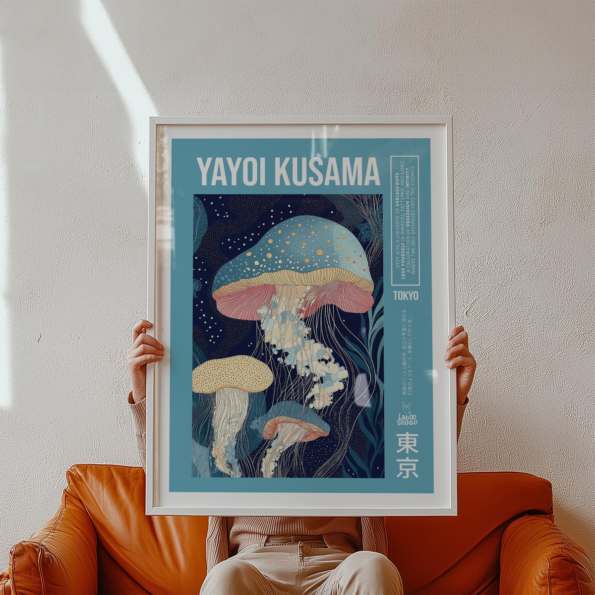 Unique art prints featuring dotted jellyfish in a dreamy underwater setting.