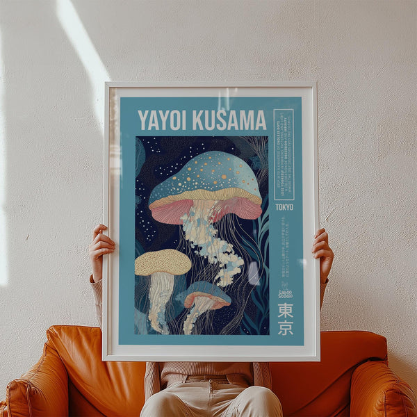 Unique art prints featuring dotted jellyfish in a dreamy underwater setting.