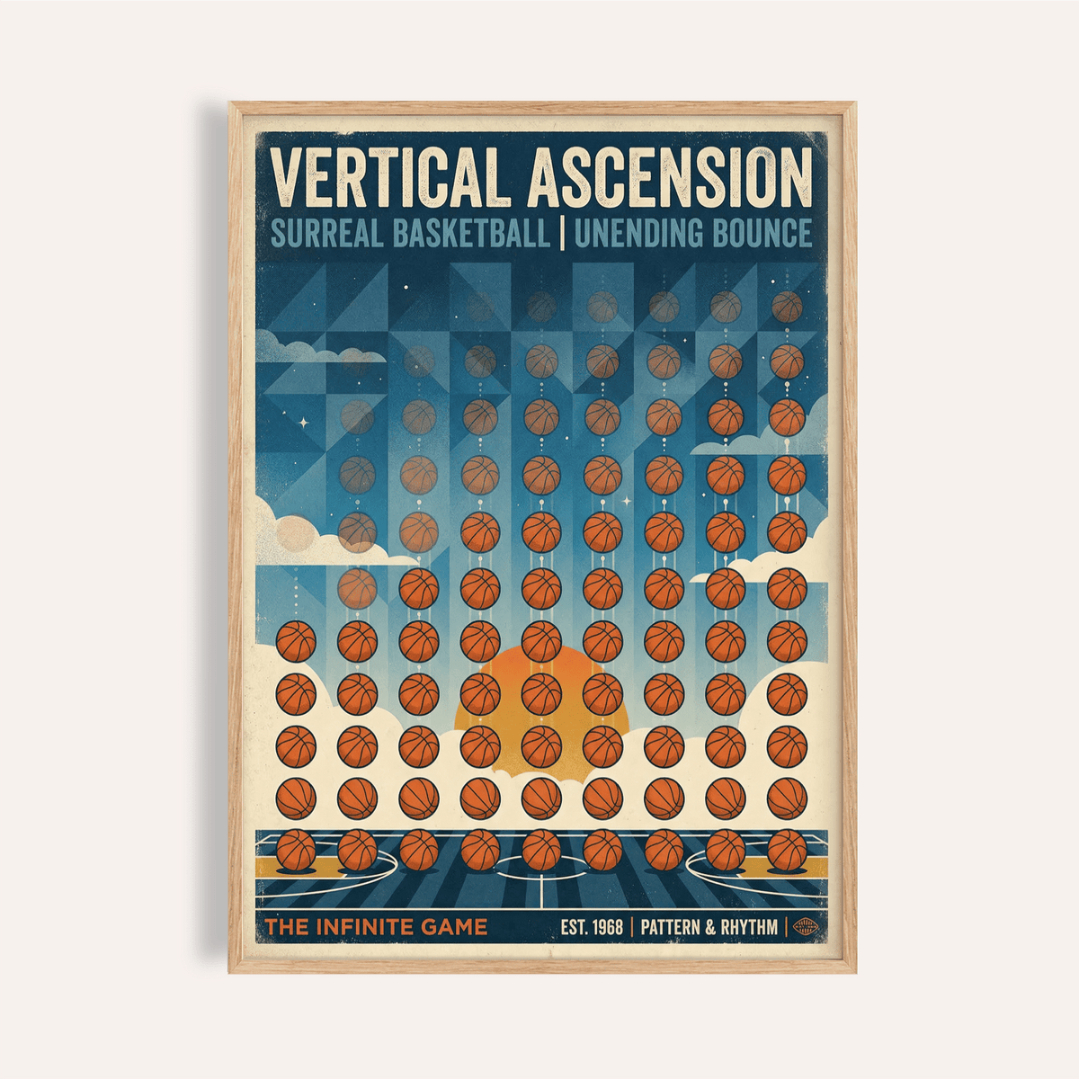 Overview of basketball-themed poster print with repeating ball grid and headline text