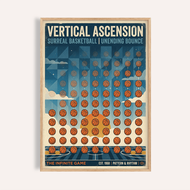 Overview of basketball-themed poster print with repeating ball grid and headline text