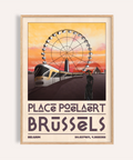 Brussels Cityscape Art Print showing Ferris wheel and tram on vintage poster style
