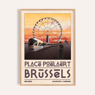 Brussels Cityscape Art Print showing Ferris wheel and tram on vintage poster style