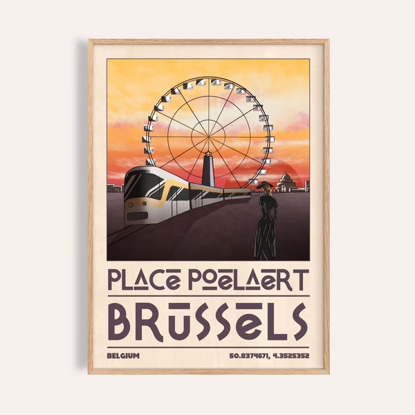 Brussels Cityscape Art Print showing Ferris wheel and tram on vintage poster style
