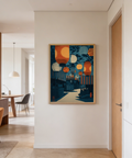 Moody street-scene wall art print with layered lanterns and repeating circular motifs