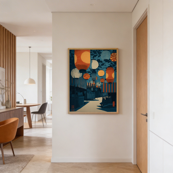 Moody street-scene wall art print with layered lanterns and repeating circular motifs