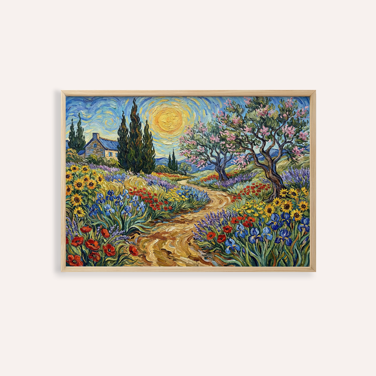 Floral Landscape Art Print with multicolored flowers for living room wall art