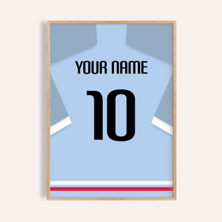 Centered Celta Vigo Football Shirt Poster with jersey silhouette, YOUR NAME text, and number 10