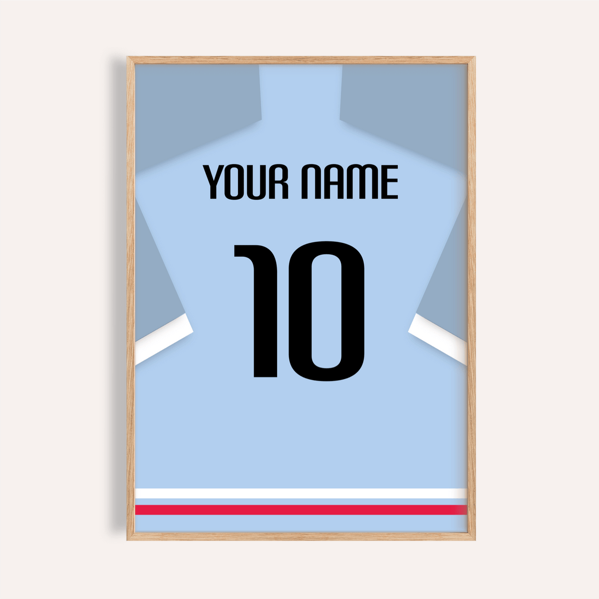 Centered Celta Vigo Football Shirt Poster with jersey silhouette, YOUR NAME text, and number 10