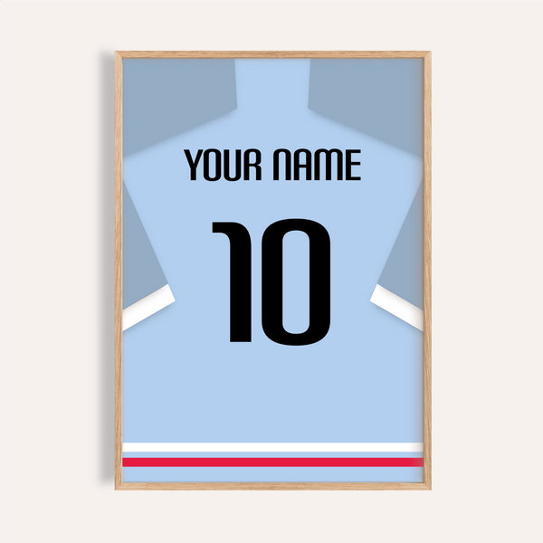 Centered Celta Vigo Football Shirt Poster with jersey silhouette, YOUR NAME text, and number 10