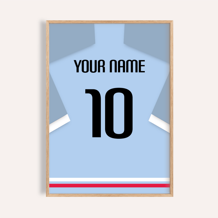 Centered Celta Vigo Football Shirt Poster with jersey silhouette, YOUR NAME text, and number 10